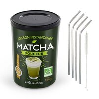 Coffret thé Matcha + fouet + cuillère en bambou + tasse noir & violet +  paille inox avec filtre