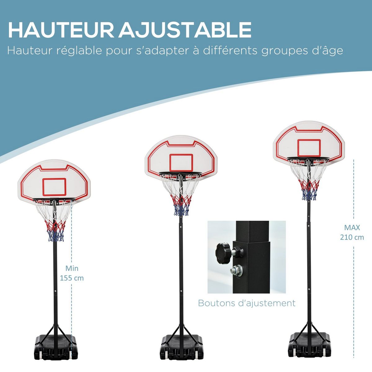HOMCOM Panier de Basket-Ball sur pied avec poteau panneau, base de lestage sur roulettes hauteur réglable 1,9 - 2,5 m noir blanc