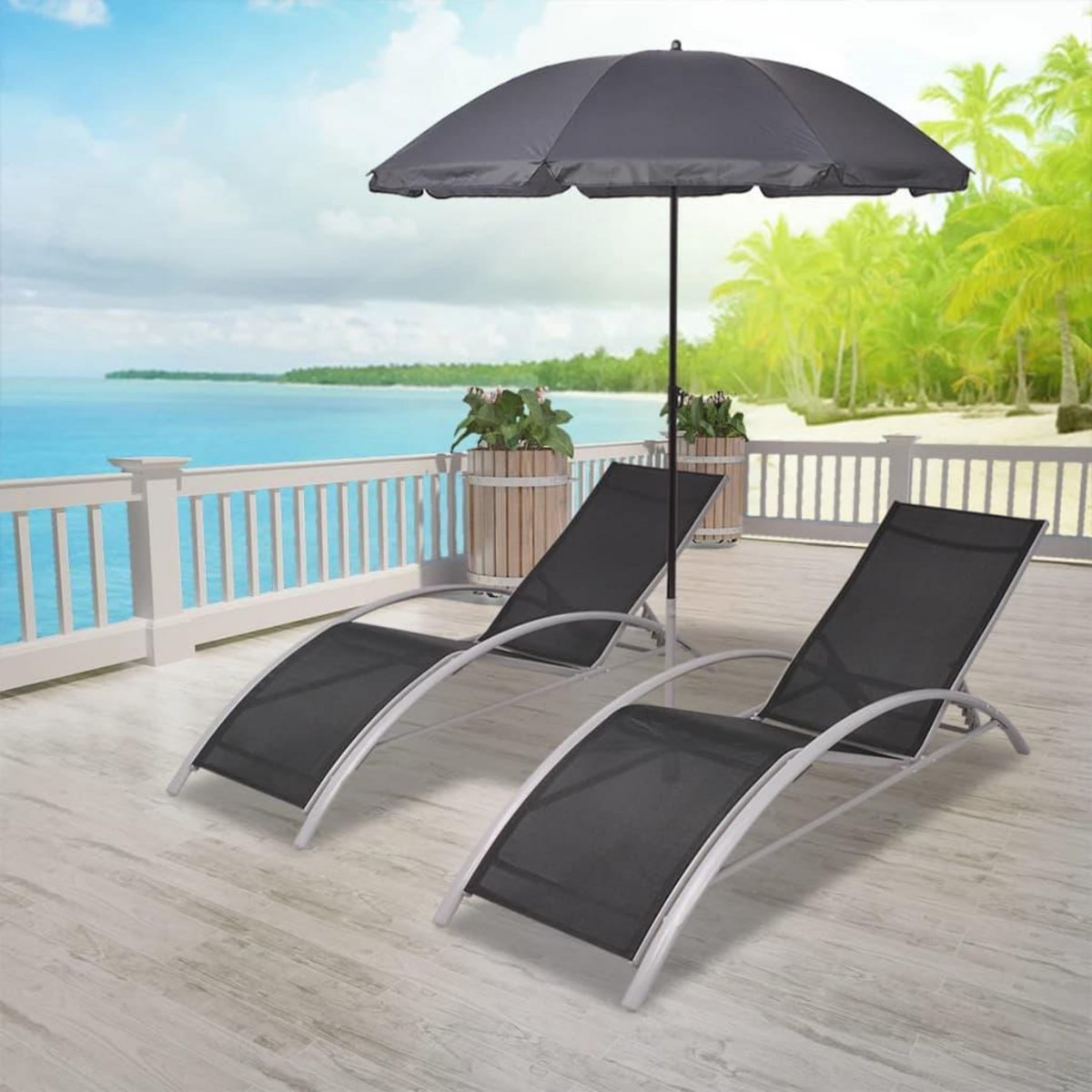 VIDAXL Chaises longues et parasol Aluminium Noir