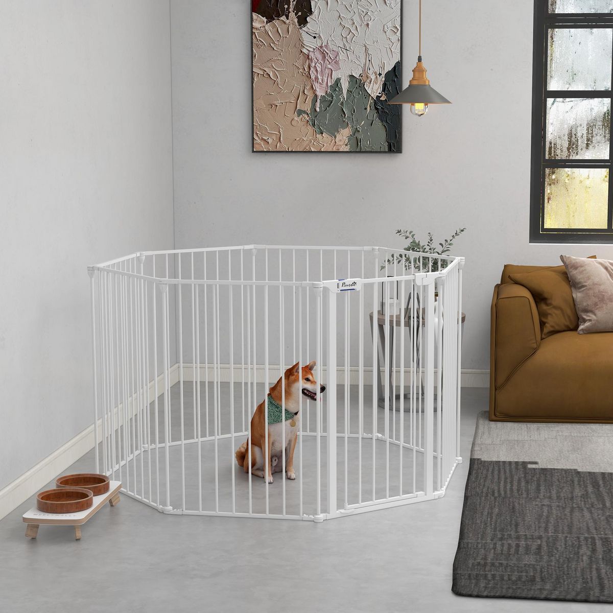 PAWHUT Barrière de sécurité parc enclos chien modulable pliable porte verrouillable intégrée 8 panneaux acier PP blanc