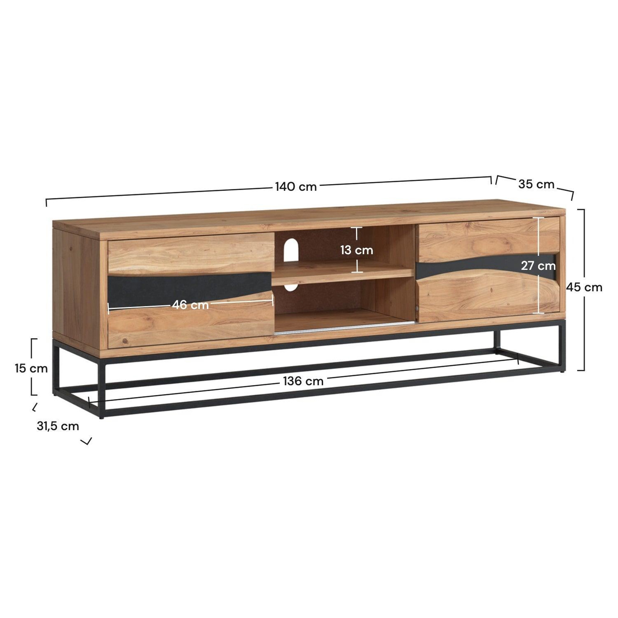 Voir la diapositive 4 : MAISON PAVANE Meuble tv en bois d'acacia massif et métal 140 cm-alabama