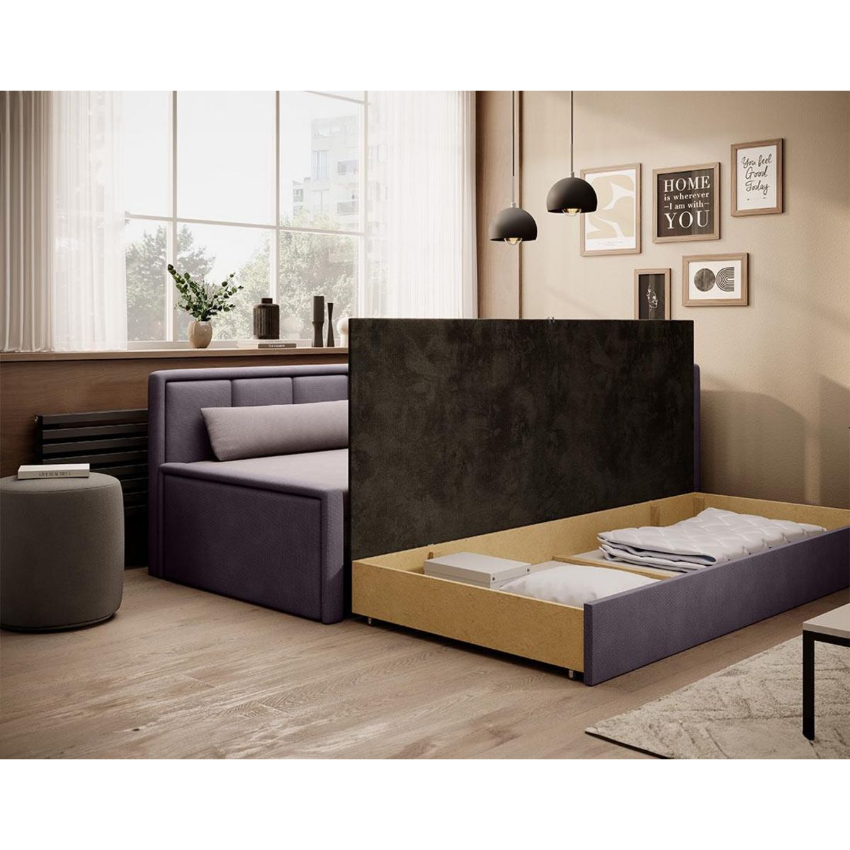 BEST MOBILIER James - canapé 3 places droit convertible avec coffre en velours