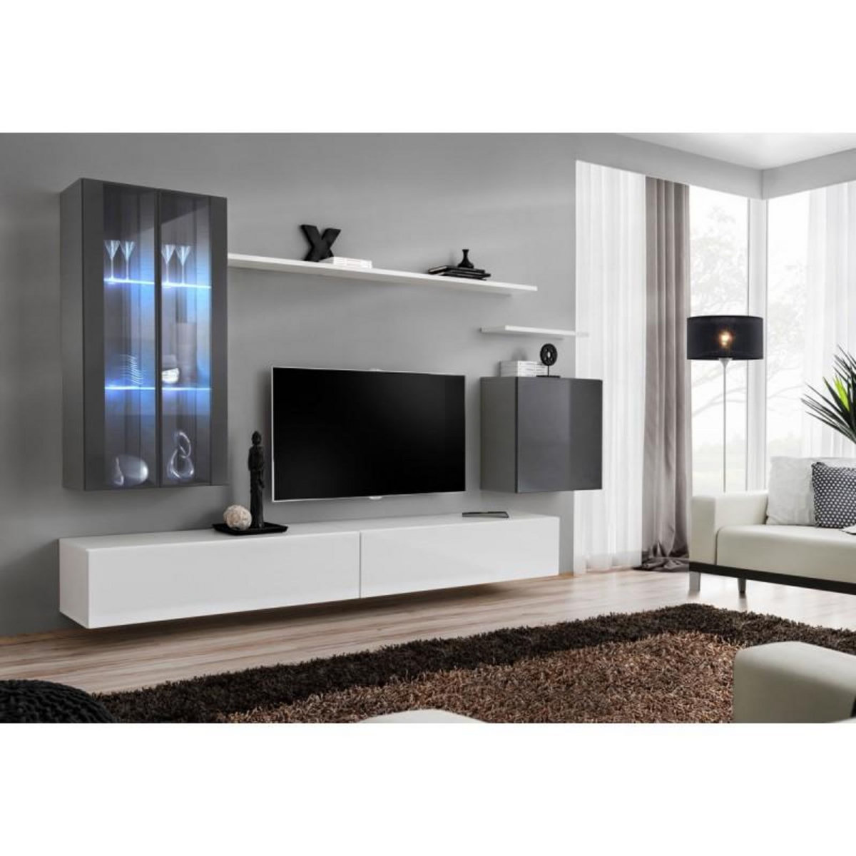 Paris Prix Meuble TV Mural Design  Switch XII  270cm Gris & Blanc