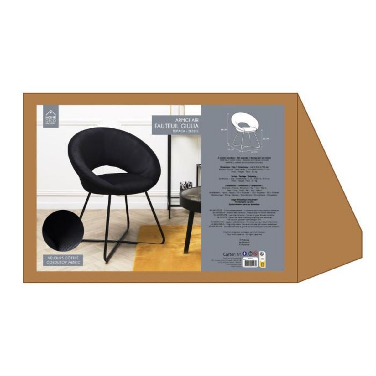 Paris Prix Fauteuil Design Velours Côtelé  Giulia  84cm Noir