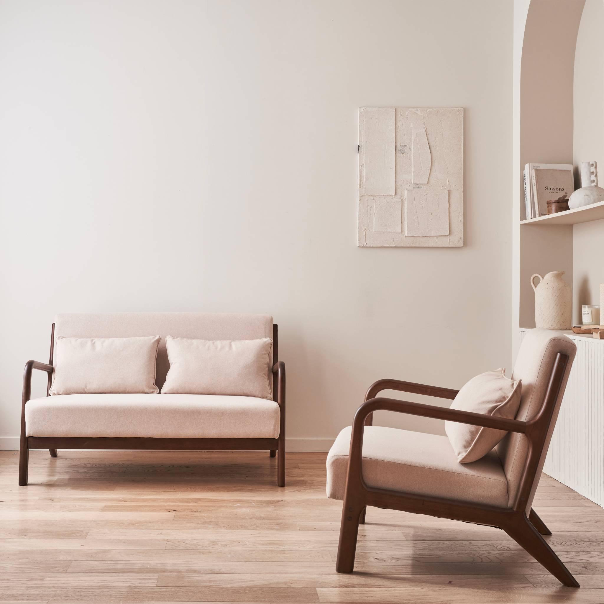 Voir la diapositive 5 : SWEEEK Banquette 2 places + Fauteuil en bois et tissu beige. bois d'hévéa teinté noyer clair