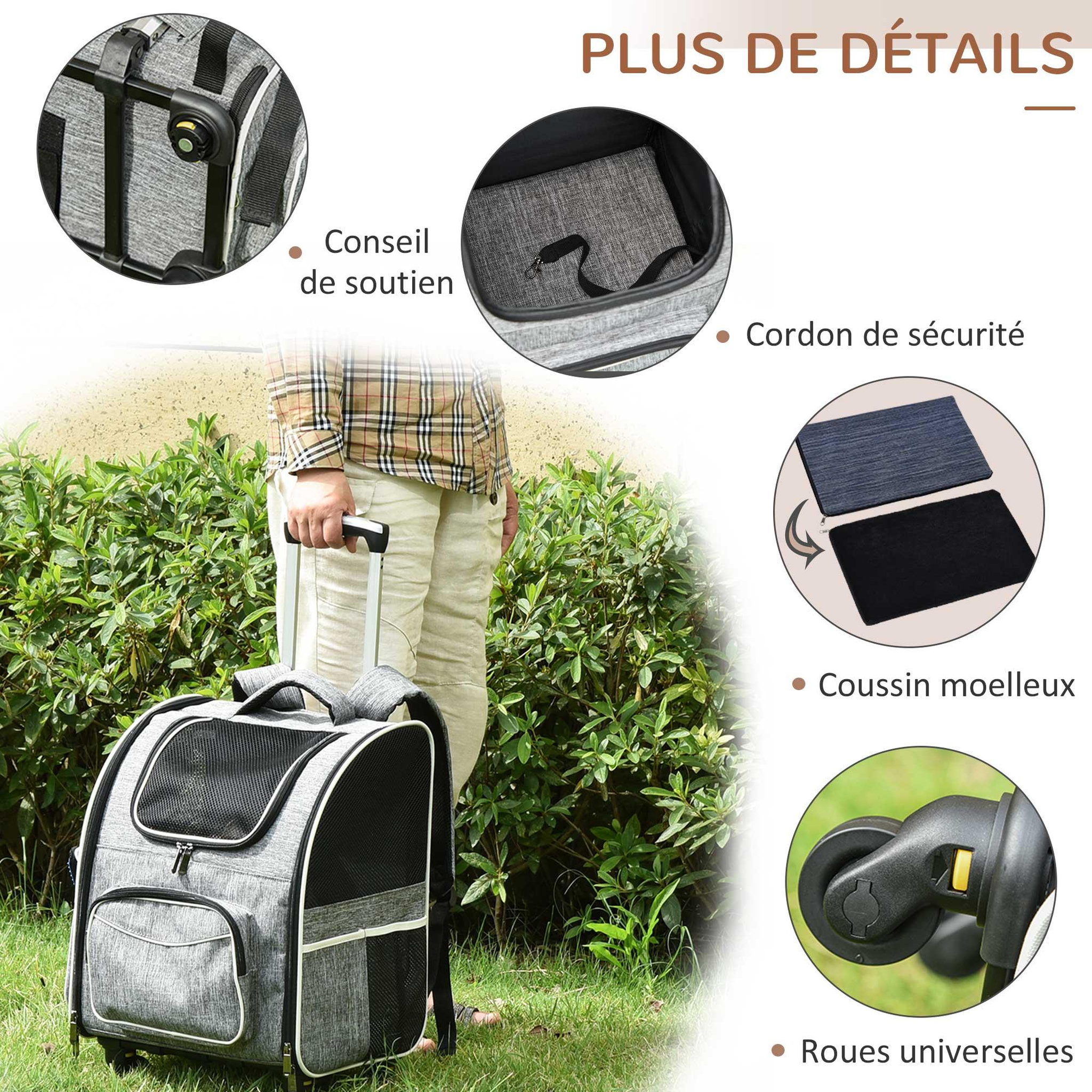 Voir la diapositive 6 : PAWHUT 2 en 1 trolley chariot sac à dos sac de transport à roulettes pour chien chat gris