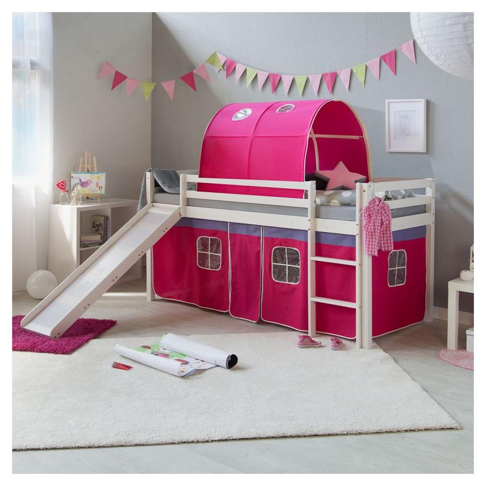 Voir la diapositive 2 : HomeStyle4U Lit rose mi-haut avec matelas 90x200 cm tunnel