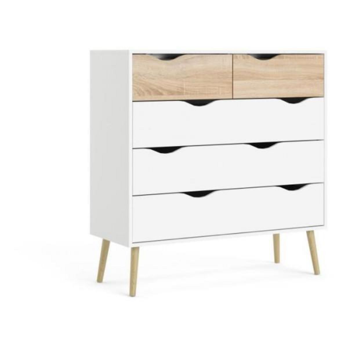 TVILUM Commode 5 tiroirs - Blanc / Chene - Pietement évasé en bois massif - 98,7 x 39,1 x 100,9 cm