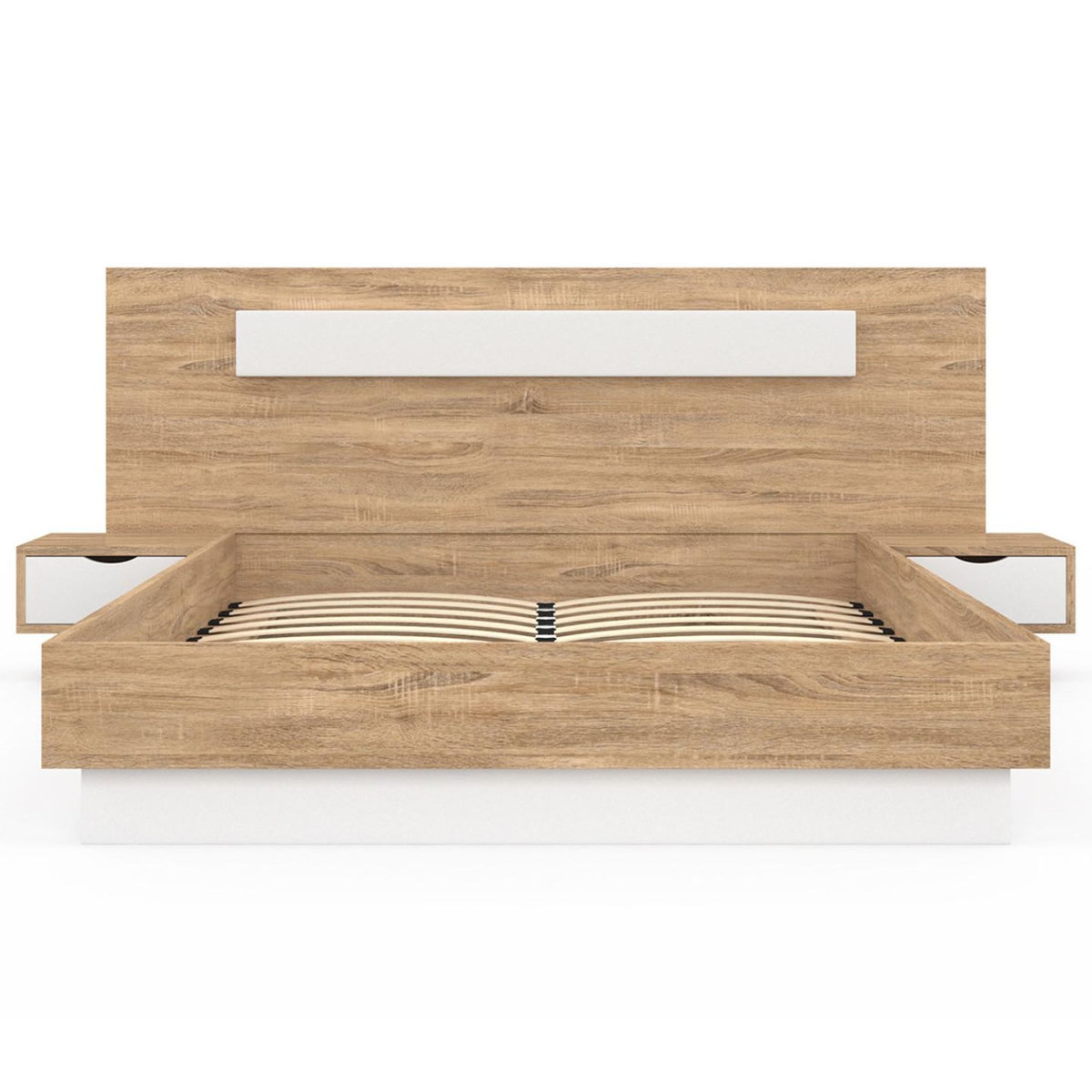 ID MARKET Lit double SANTA avec tête de lit + tables de chevet intégrées et sommier 140 x 190 cm bois et blanc