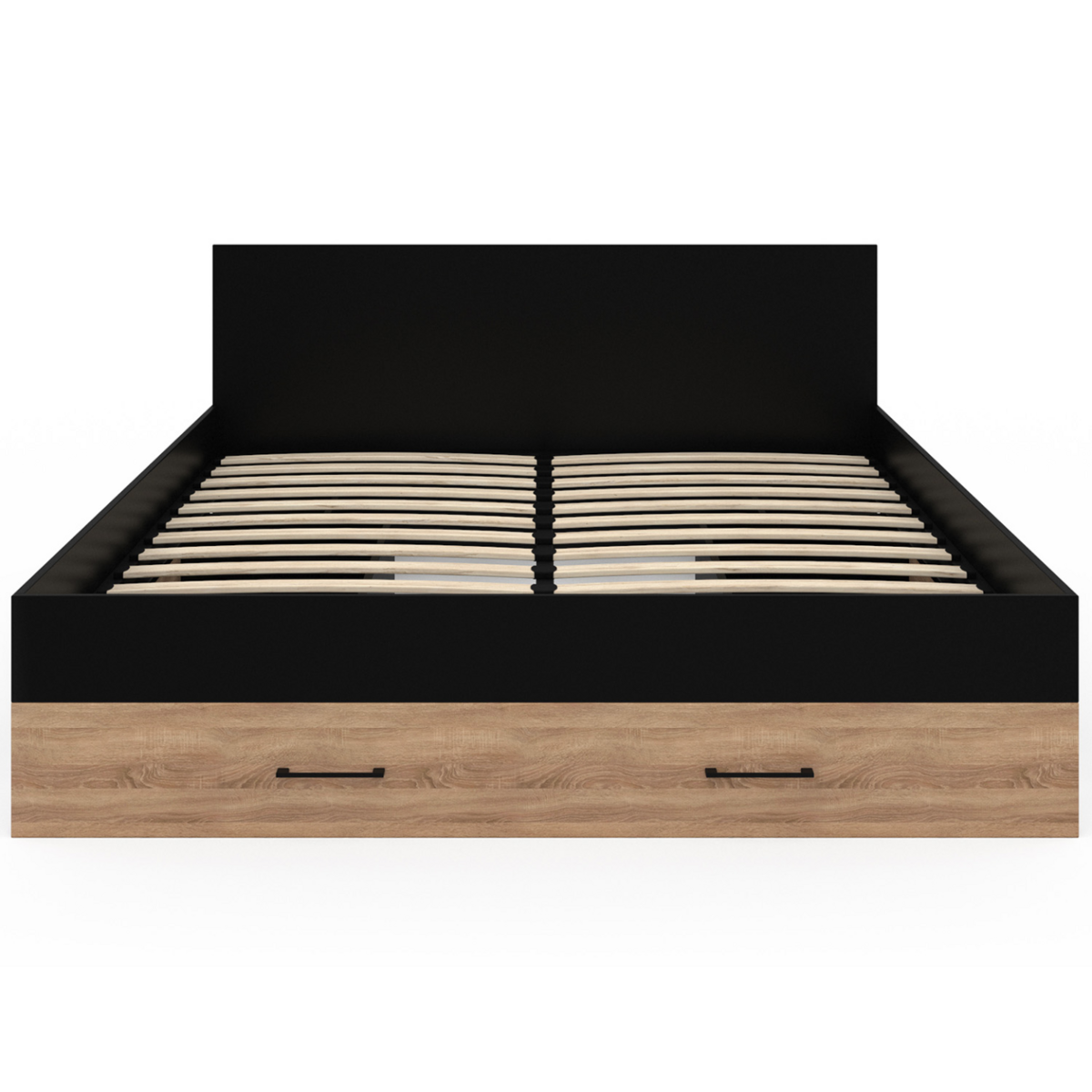 ID MARKET Lit double MINEA avec tiroirs + niches de rangement + tête de lit et sommier 140 x 190 cm façon hêtre et noir