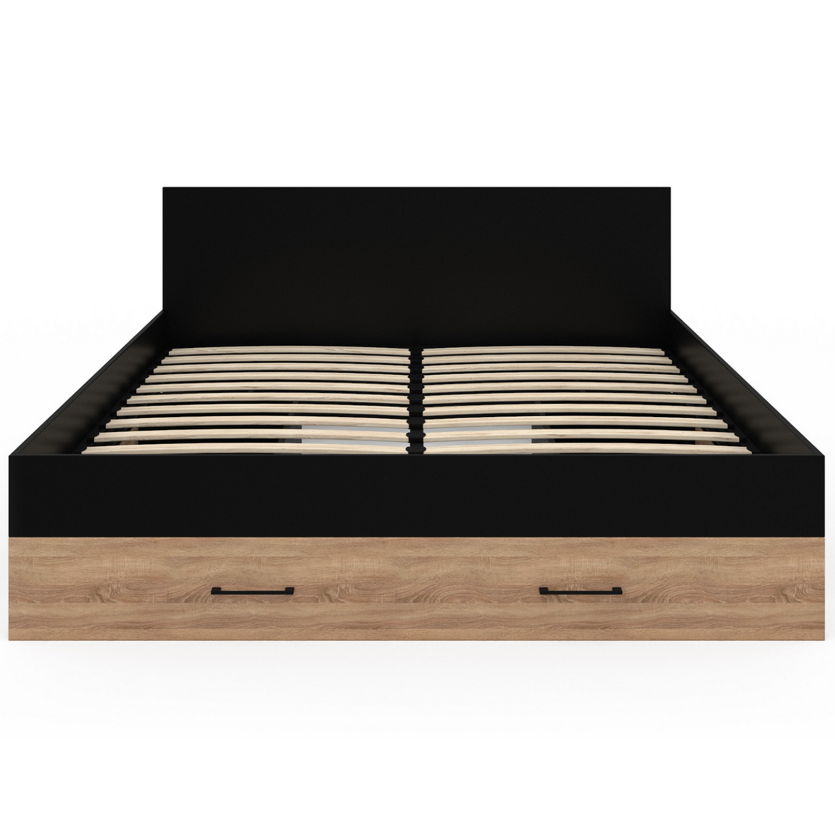 ID MARKET Lit double MINEA avec tiroirs + niches de rangement + tête de lit et sommier 140 x 190 cm façon hêtre et noir