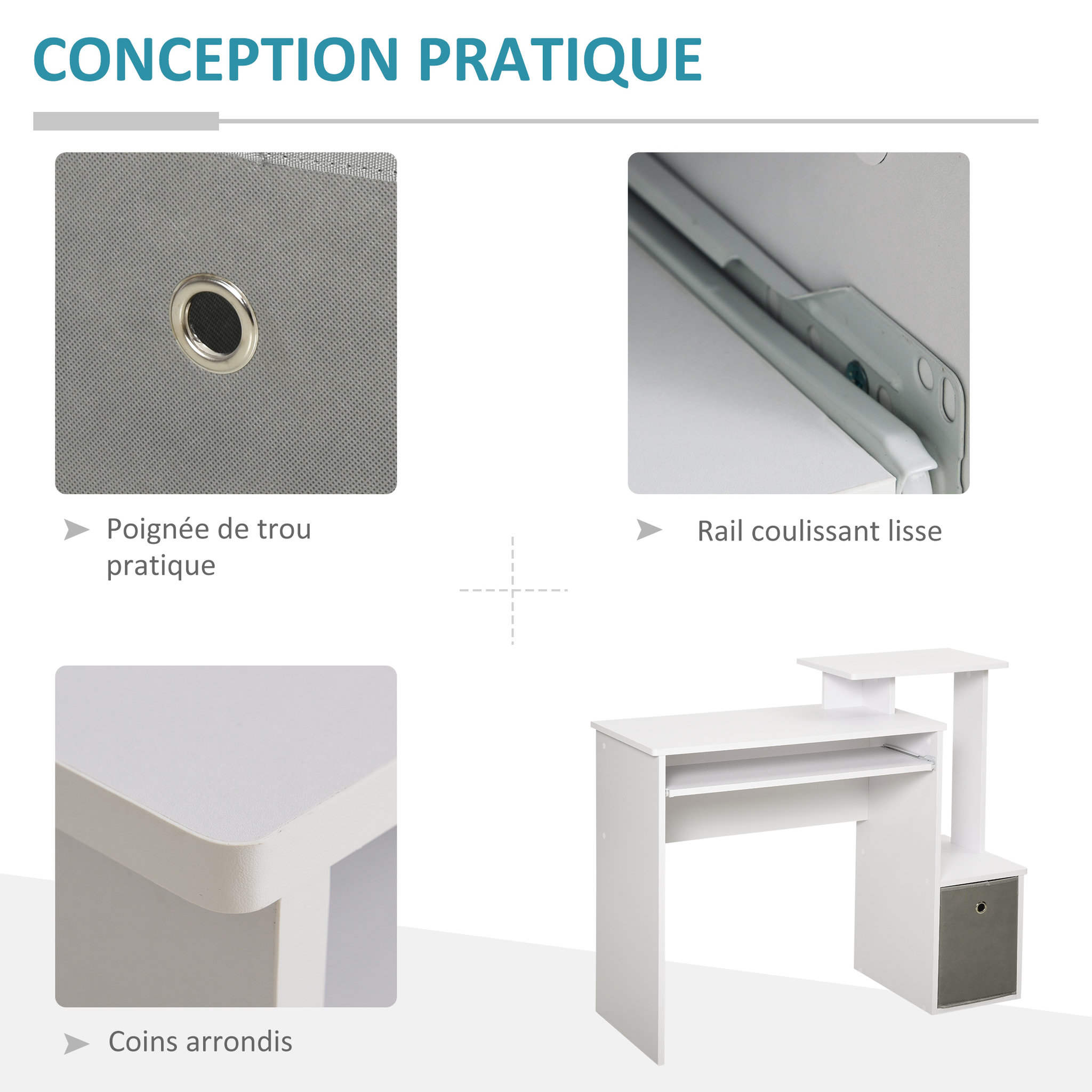 Voir la diapositive 6 : HOMCOM Bureau informatique multimédia étagères tablette clavier panier gris panneaux particules blanc
