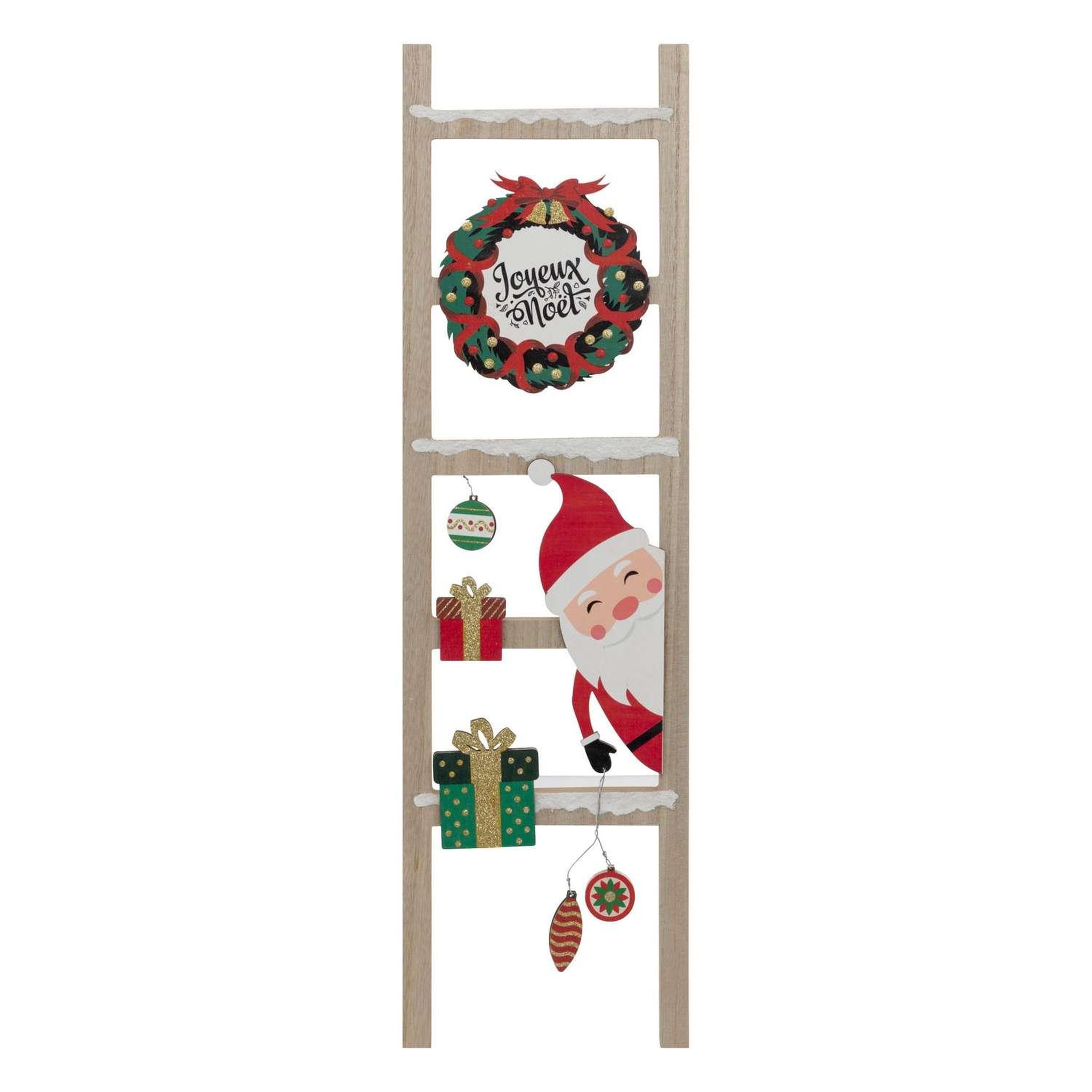 ATMOSPHERA Pancarte échelle joyeux noël en bois avec père noël et couronne - h 65 cm