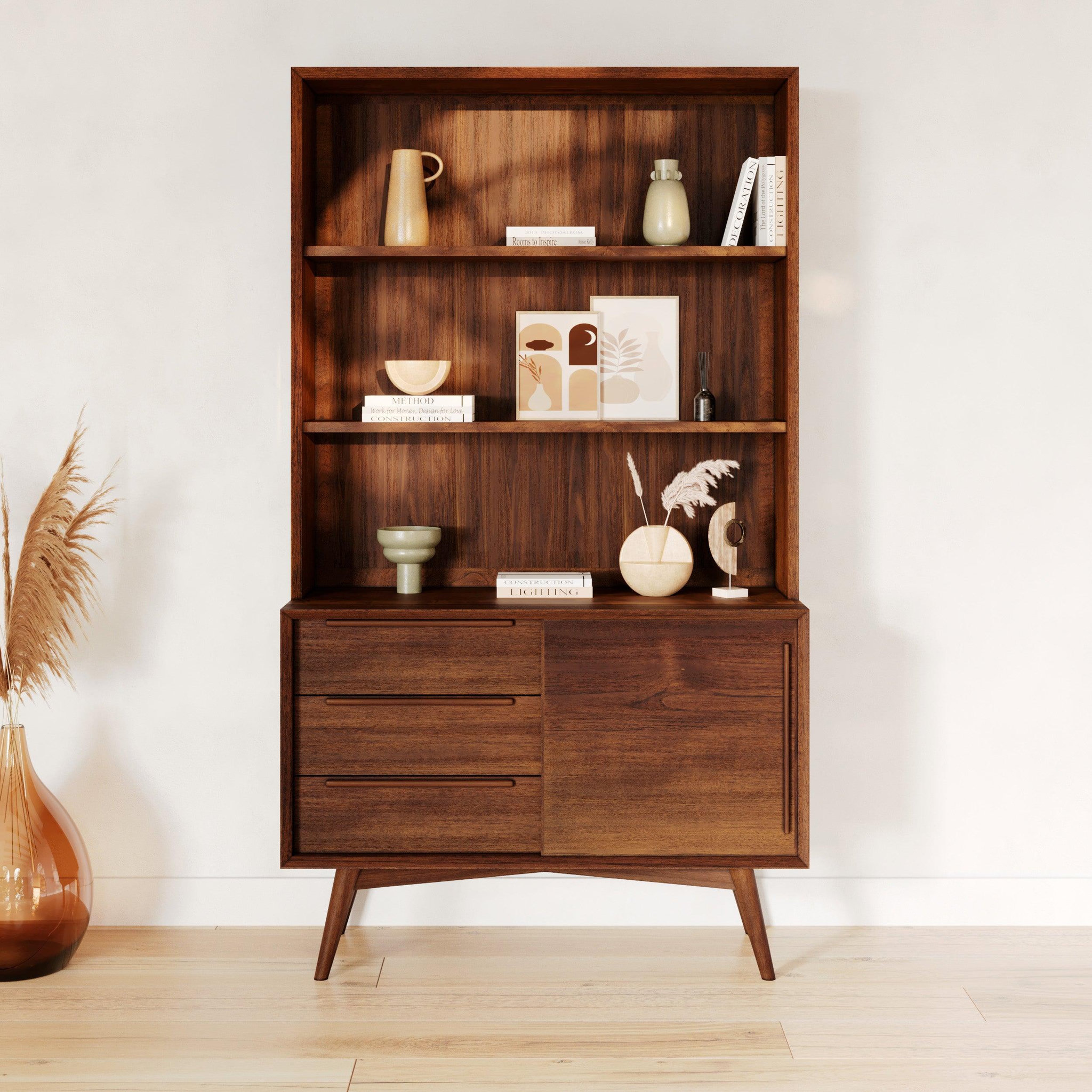 Voir la diapositive 2 : MAISON PAVANE Etagère en bois de teck, 3 niveaux, 3 tiroirs et 1 porte-waya