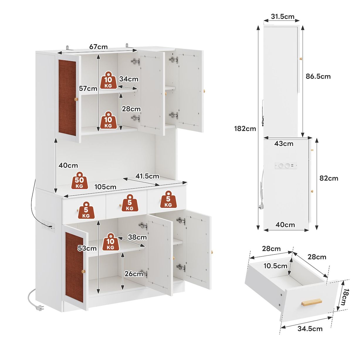 MERAX Buffet de cuisine 6 portes 3 tiroirs - 105 cm blanc led mdf