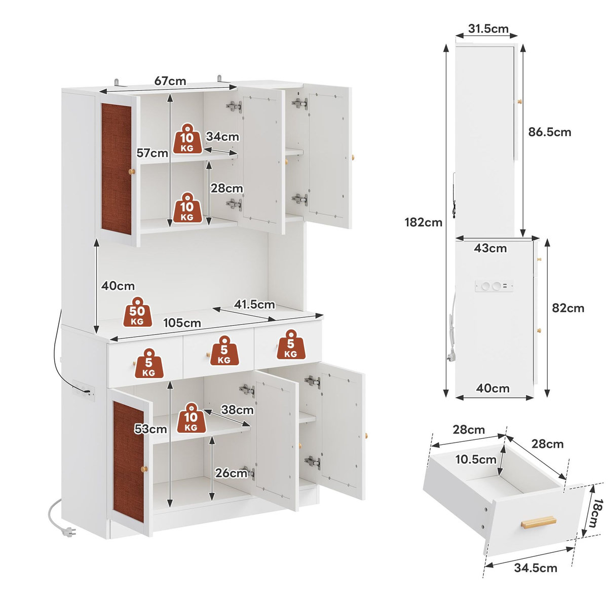 MERAX Buffet de cuisine 6 portes 3 tiroirs - 105 cm blanc led mdf