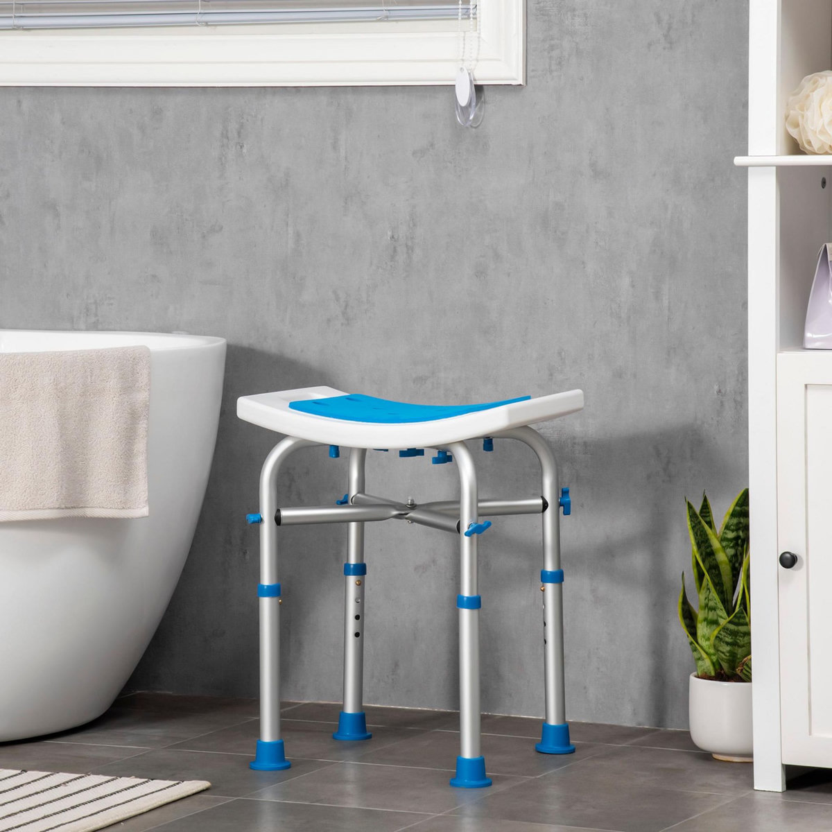 HOMCOM Siège de douche réglable en hauteur tabouret de douche ergonomique pieds antidérapants charge max. 150 Kg alu HDPE blanc bleu