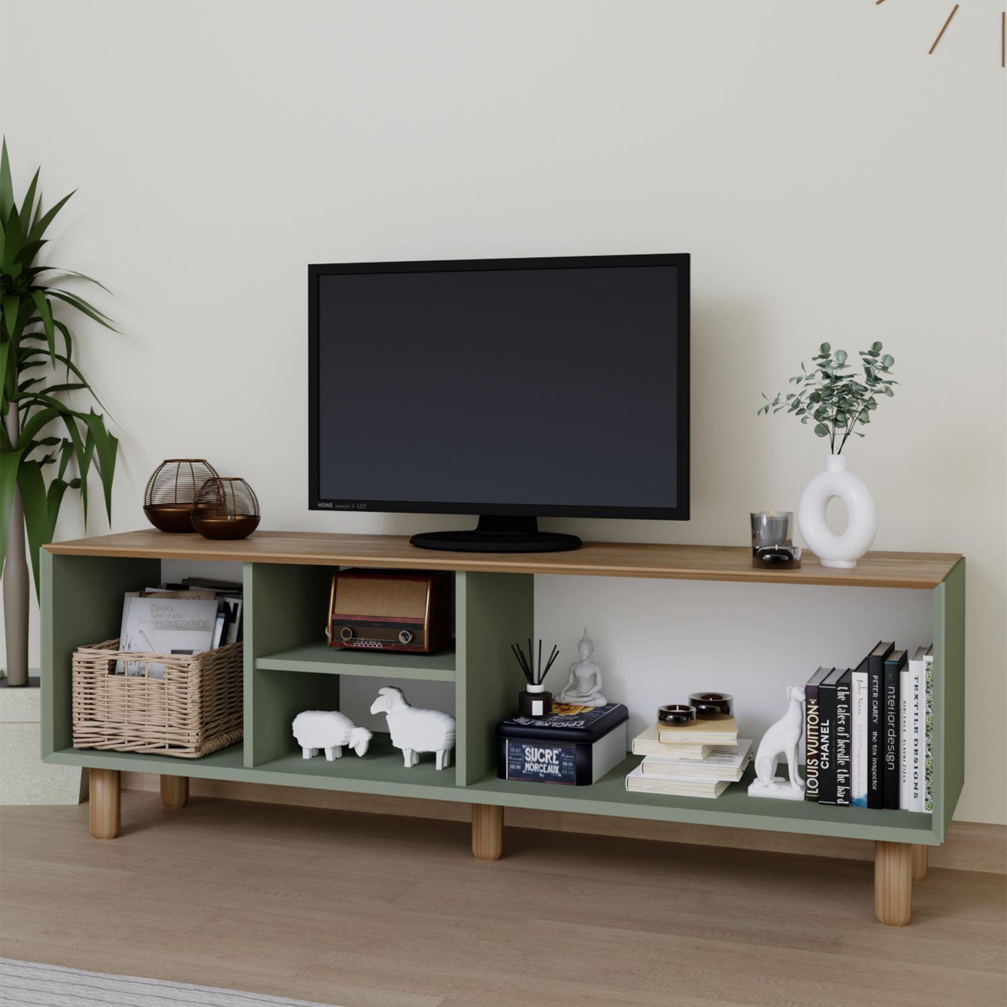 Voir la diapositive 4 : Habitat et Jardin Meuble tv en bois et cannage  bohemian  - 160 x 40 x 56 cm - vert