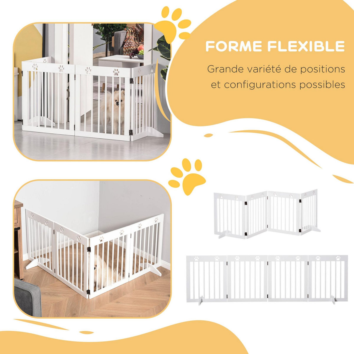 PAWHUT Barrière de sécurité pour animaux - barrière modulable pliable 4 panneaux - motif patte - 2 pieds support - bois de pin blanc