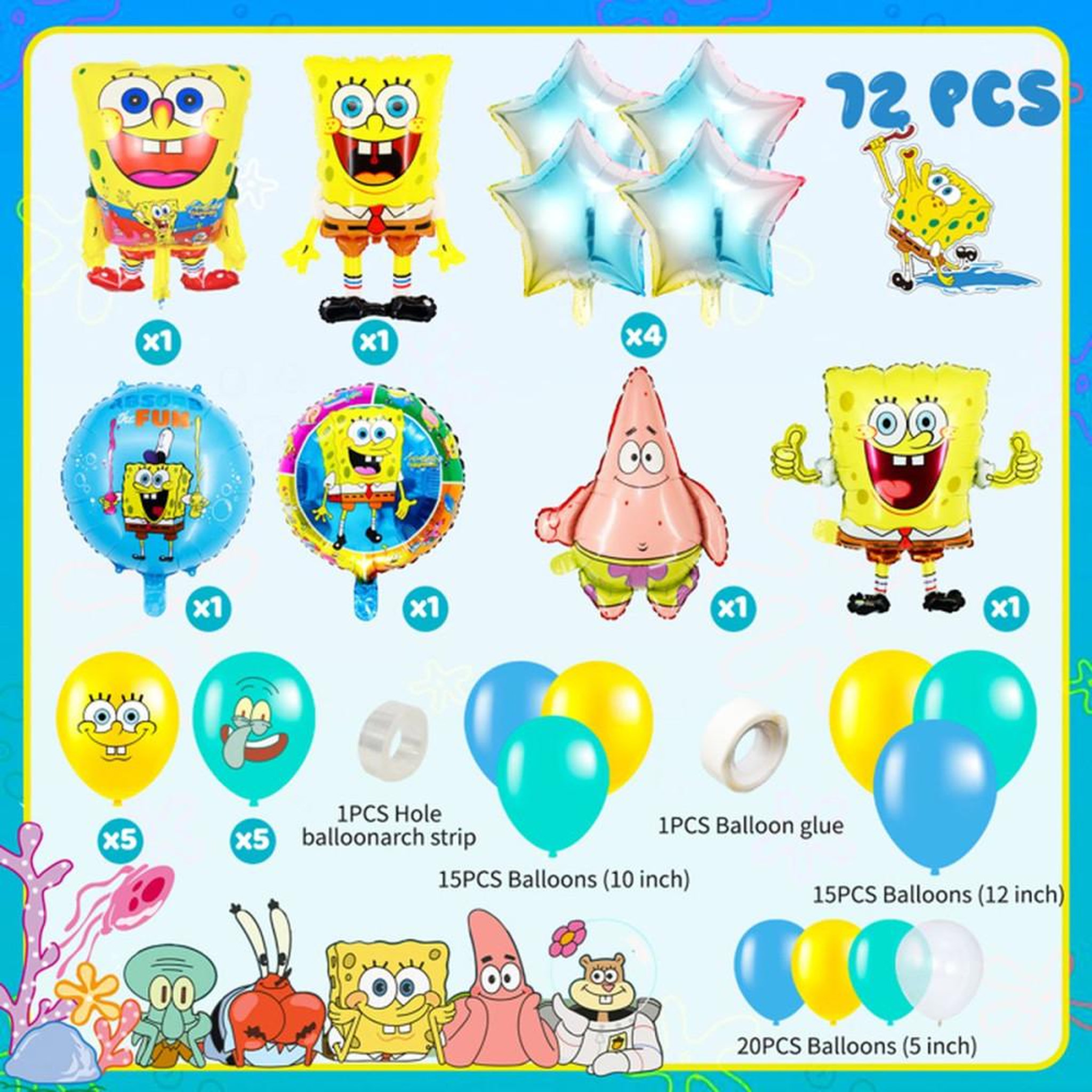 Voir la diapositive 2 : Kit décoration ballons thème SpongeBob (Bob l'éponge) arche guirlande 72 pièces, ballons aluminium et latex