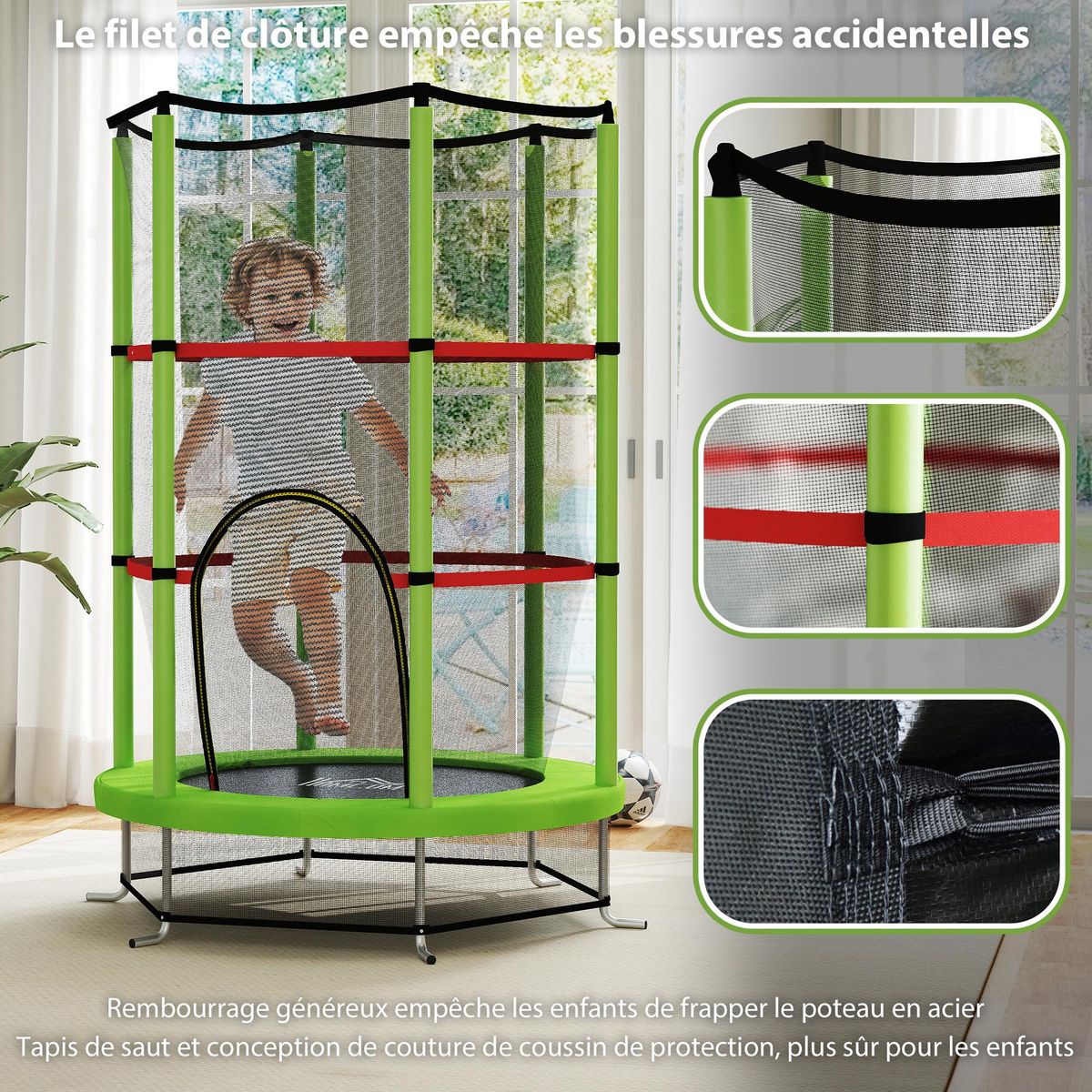 HOMCOM Trampoline enfant Ø140 cm max. 45 Kg - filet sécurité, porte zippée, 6 poteaux rembourrés - vert