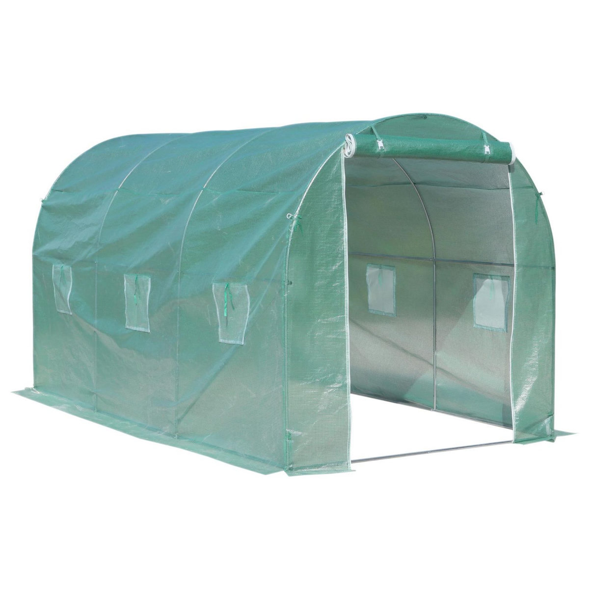 OUTSUNNY Serre de jardin tunnel surface sol 8 m² 4L x 2l x 2,10H m châssis tubulaire renforcé porte zippée 6 fenêtres enroulables vert