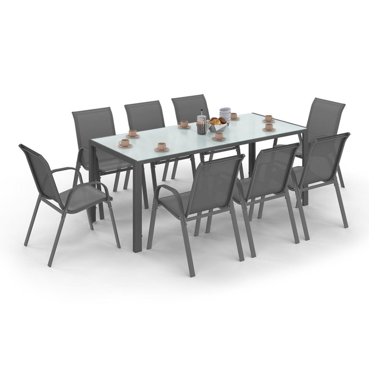 ID MARKET Salon de jardin MADRID table 190 CM et 8 chaises empilables gris anthracite plateau transparent