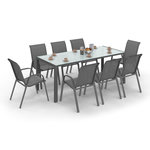 ID MARKET Salon de jardin MADRID table 190 CM et 8 chaises empilables gris anthracite plateau transparent