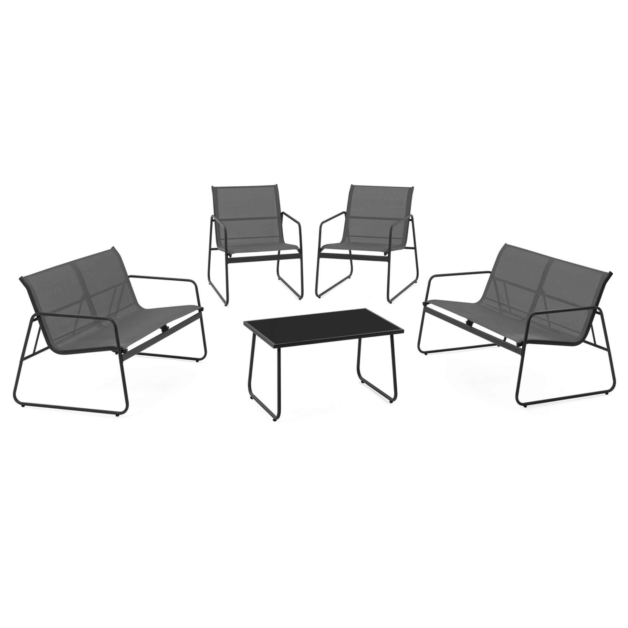 ID MARKET Salon de jardin bas malaga 6 places avec 2 canapés, fauteuils et table gris anthracite
