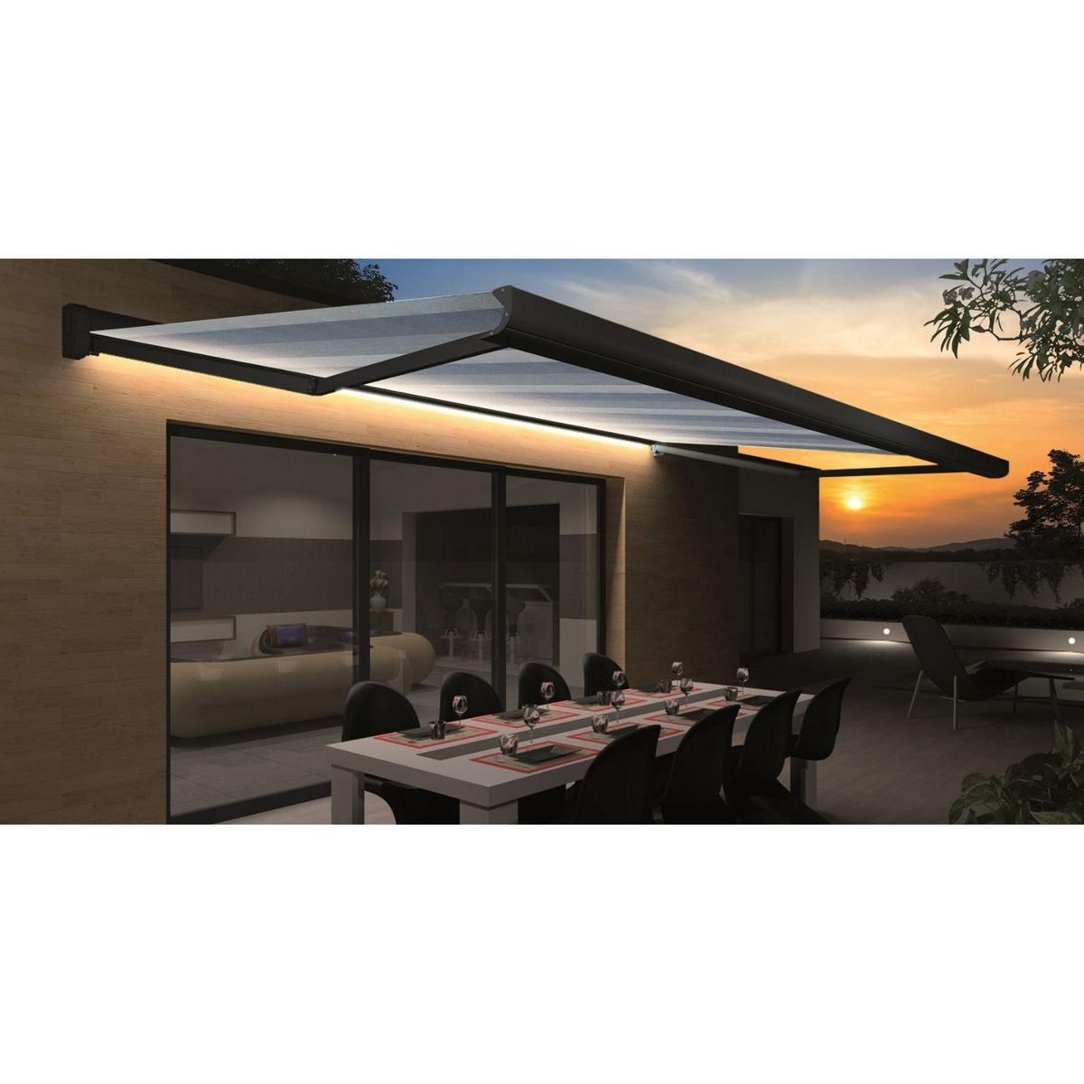 SUNSTYL Store motorisé avec Led NINA rayé Coffre intégral gris 