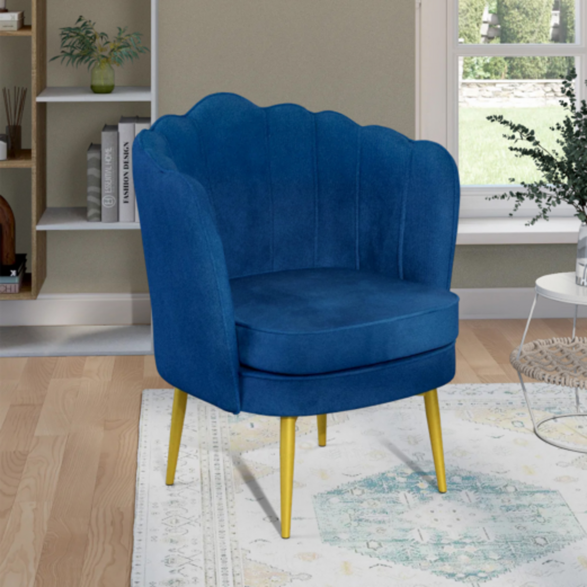 ID MARKET Fauteuil coquillage ADELLA bleu nuit en velours pieds dorés