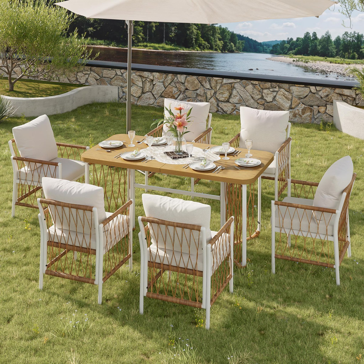 MERAX Salon de jardin 6 places en fer avec 1 table, 6 chaises et coussins, blanc bois