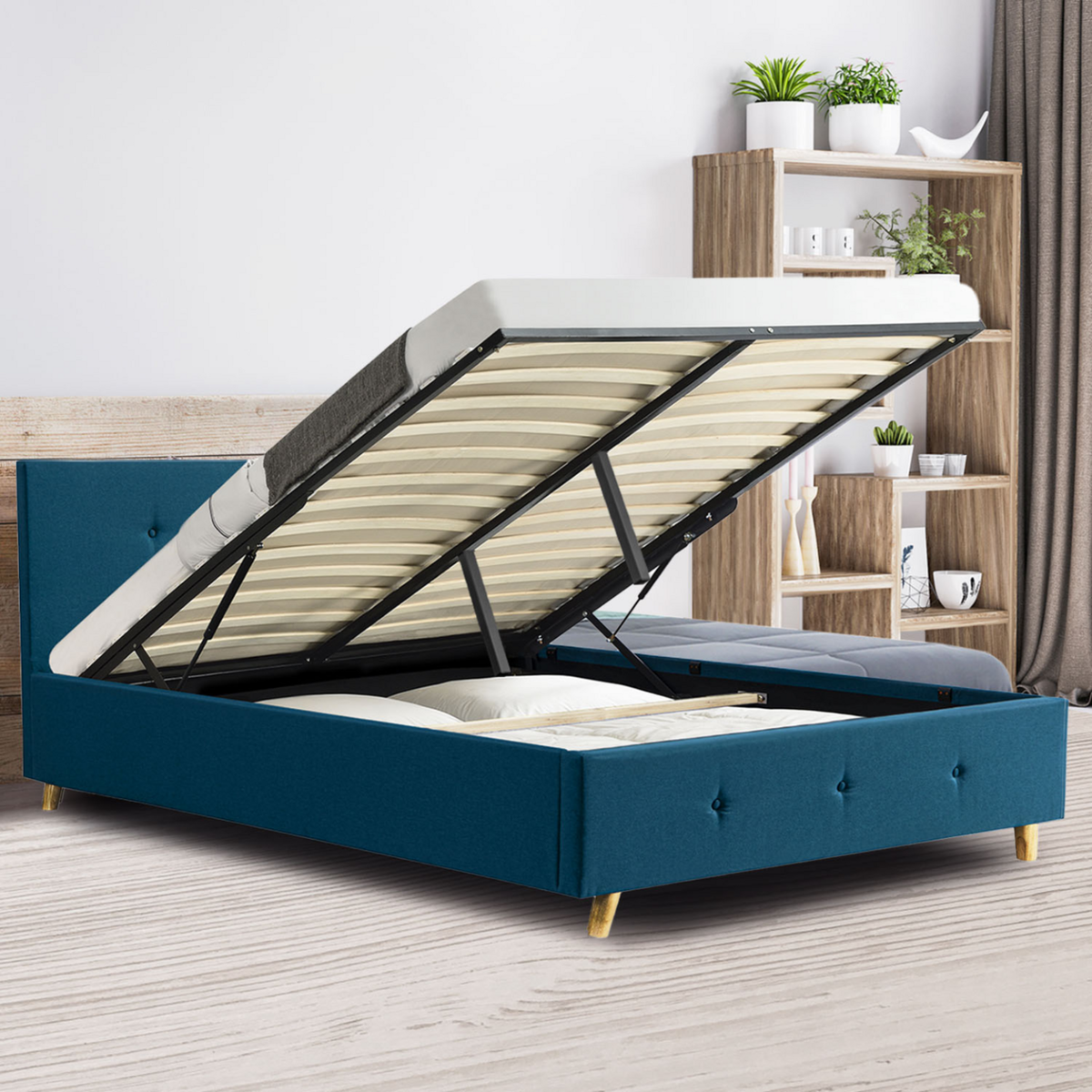 ID MARKET Lit coffre double scandinave LULEA avec tête de lit et sommier 140 x 190 cm tissu bleu canard