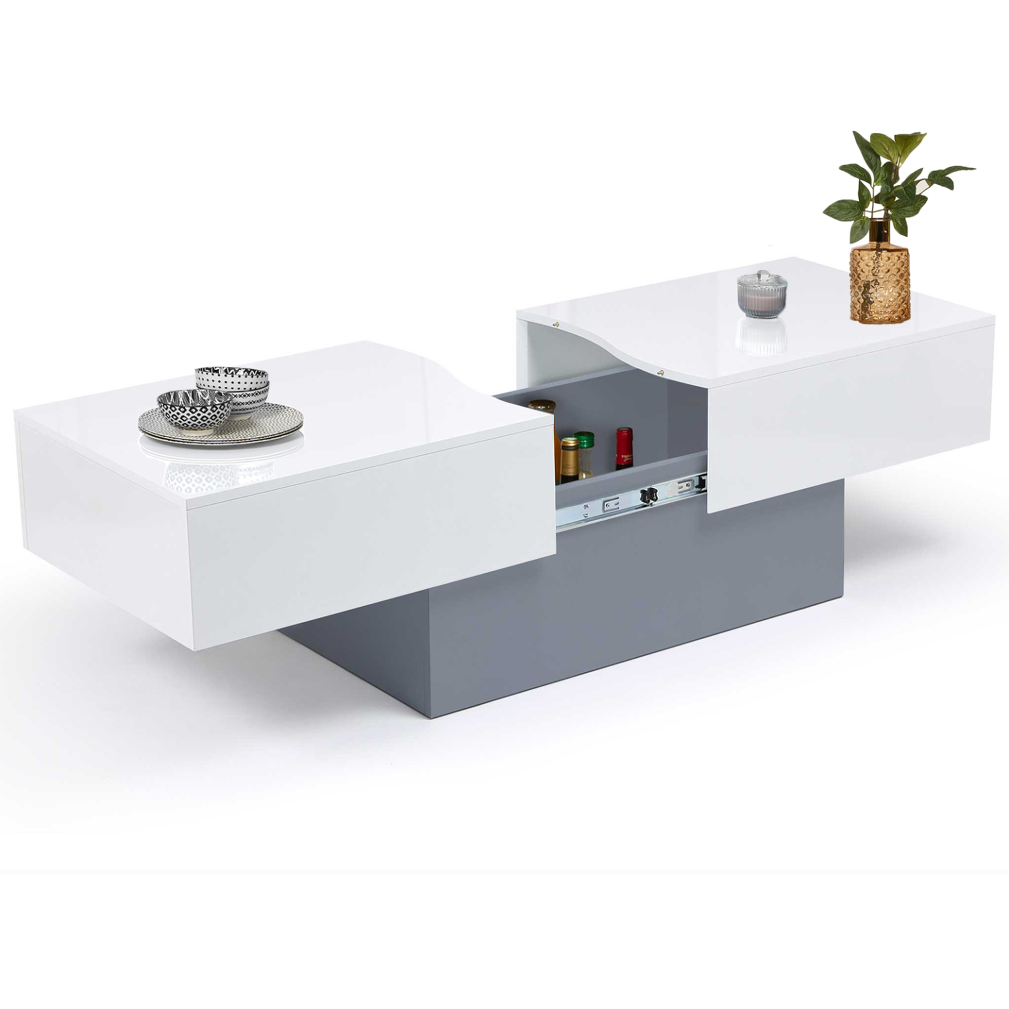 ID MARKET Table basse coulissante rectangulaire marta bois gris et plateau blanc