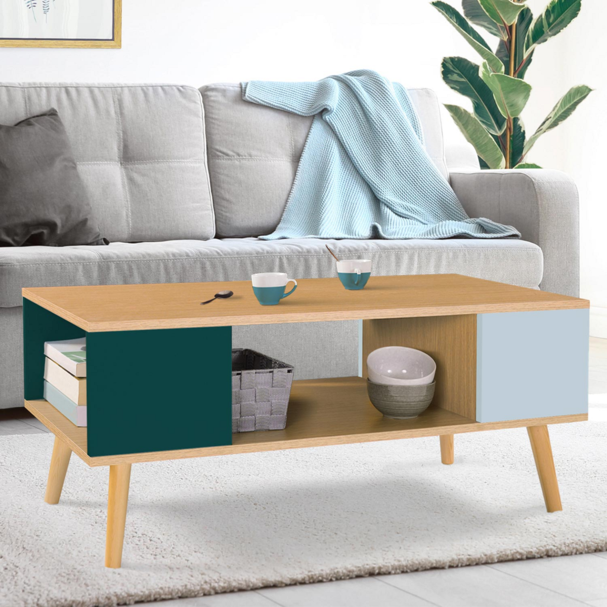 ID MARKET Table basse scandinave rectangulaire ALIZE bois, vert clair et vert foncé