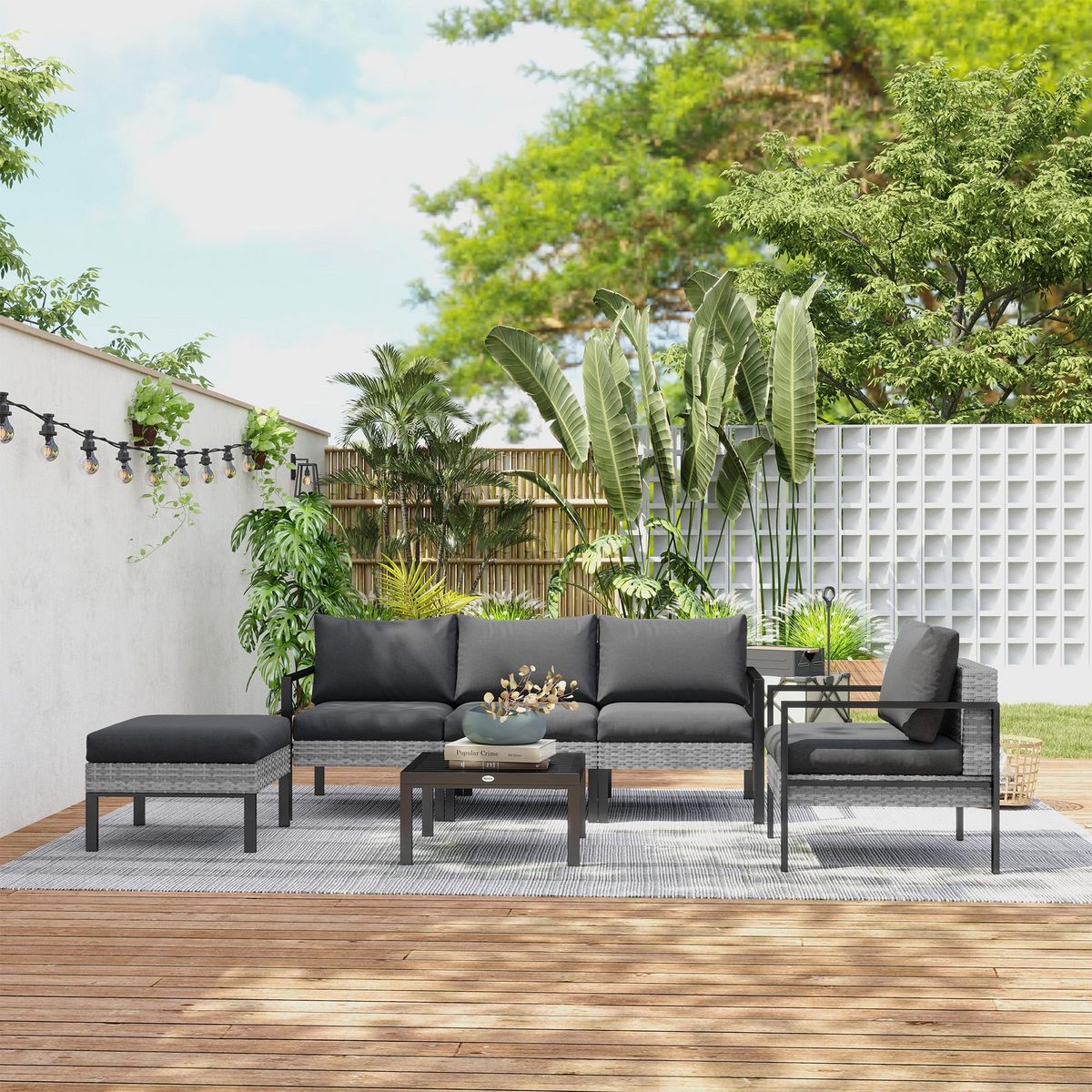 OUTSUNNY Ensemble salon de jardin 5 places 4 pièces coussins anthracite métal époxy noir résine tressée 2 fils gris