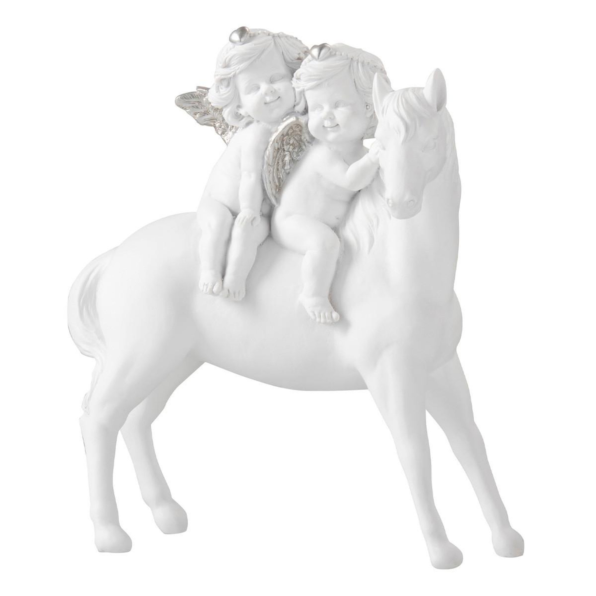 J-LINE Statue Déco en Résine  Cheval & 2 Anges  24cm Blanc
