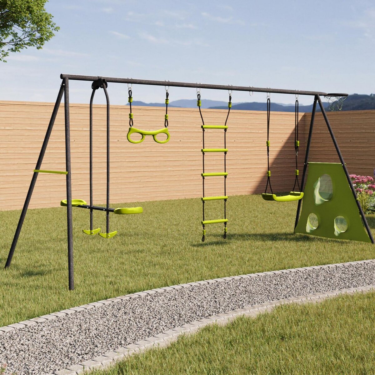 ID MARKET Balançoire 4 agrès portique avec balançoire face à face trapèze échelle panier de basket et buts de foot