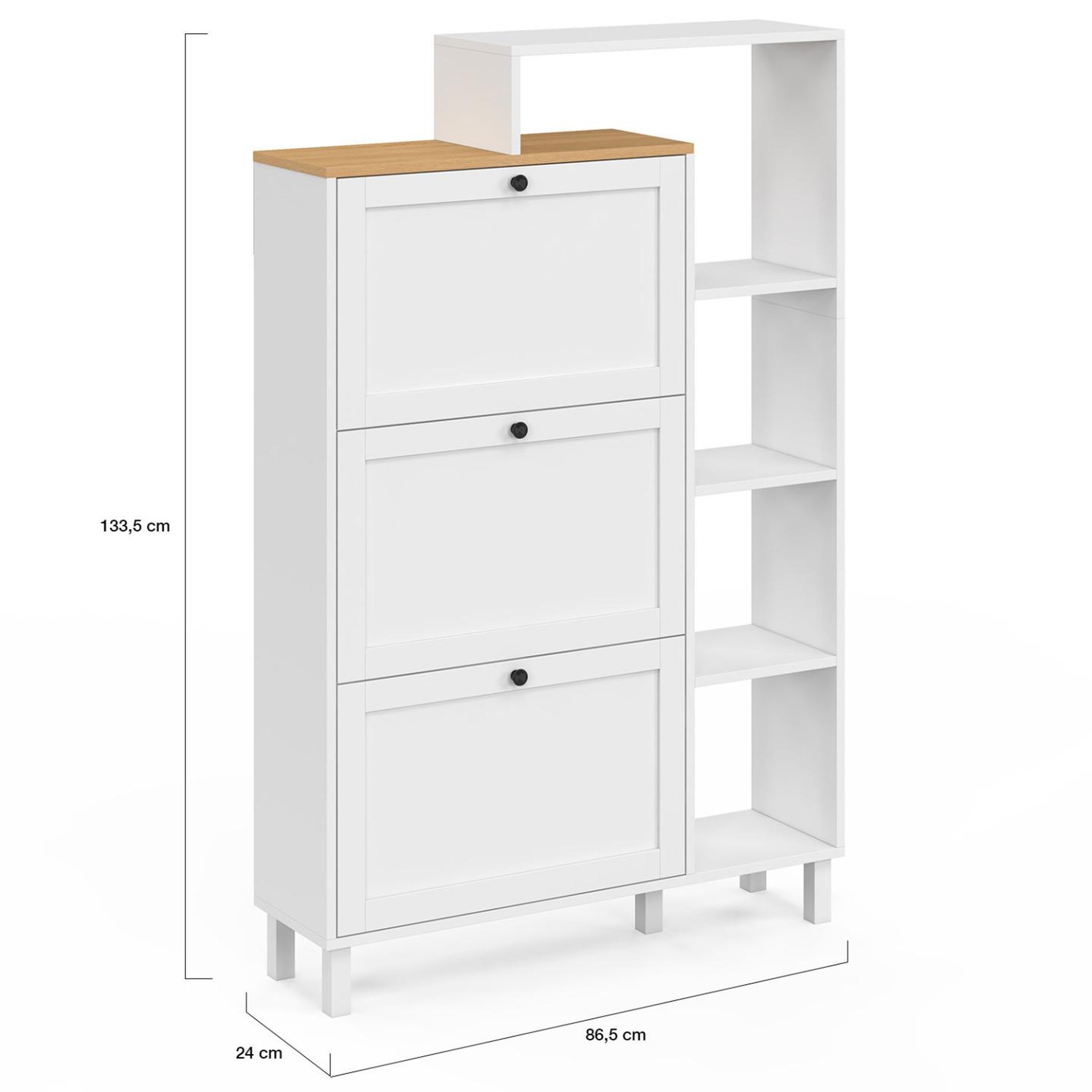 Voir la diapositive 5 : ID MARKET Meuble à chaussures 18 paires achille 3 portes blanc et plateau bois avec étagère