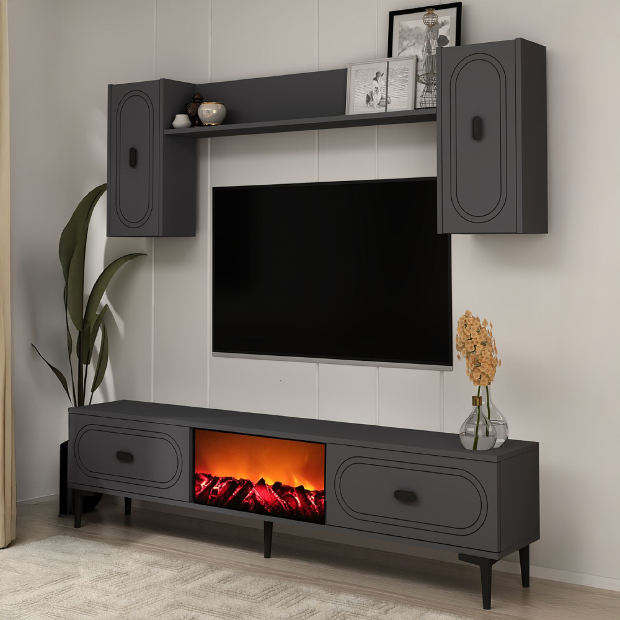 Voir la diapositive 3 : CONCEPT USINE Ensemble meuble tv avec étagères murales et cheminée led 150cm gris anthracite vibra