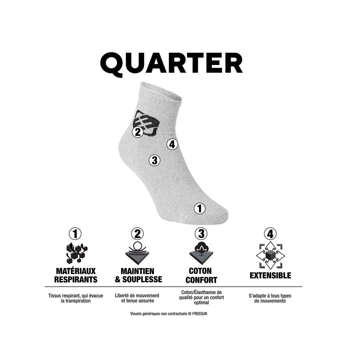 FREEGUN Lot de 6 paires de chaussettes quarter homme Freegun noir