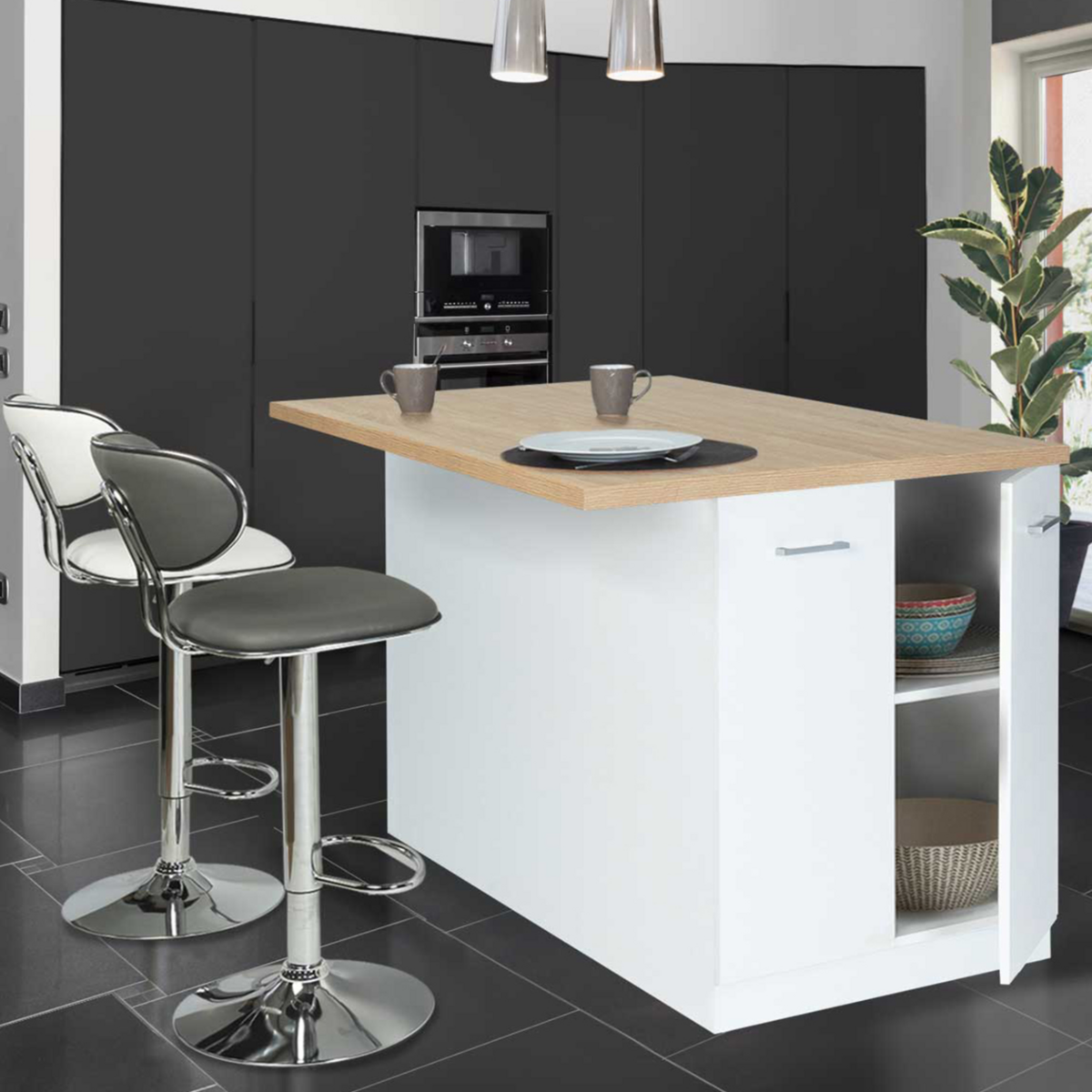 ID MARKET Ilot central IVO 120 cm blanc avec plan de travail façon hêtre