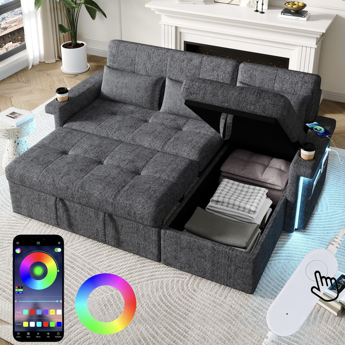 MERAX Canapé d'angle réversible convertible 3 places tissu led coffre de rangement