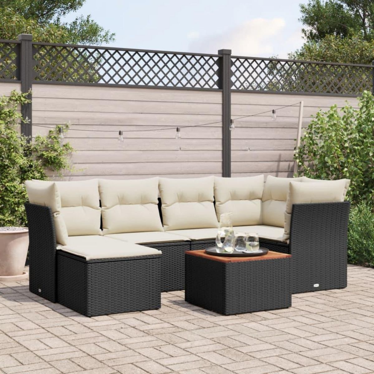 VIDAXL Salon de jardin 7 pcs avec coussins noir resine tressee