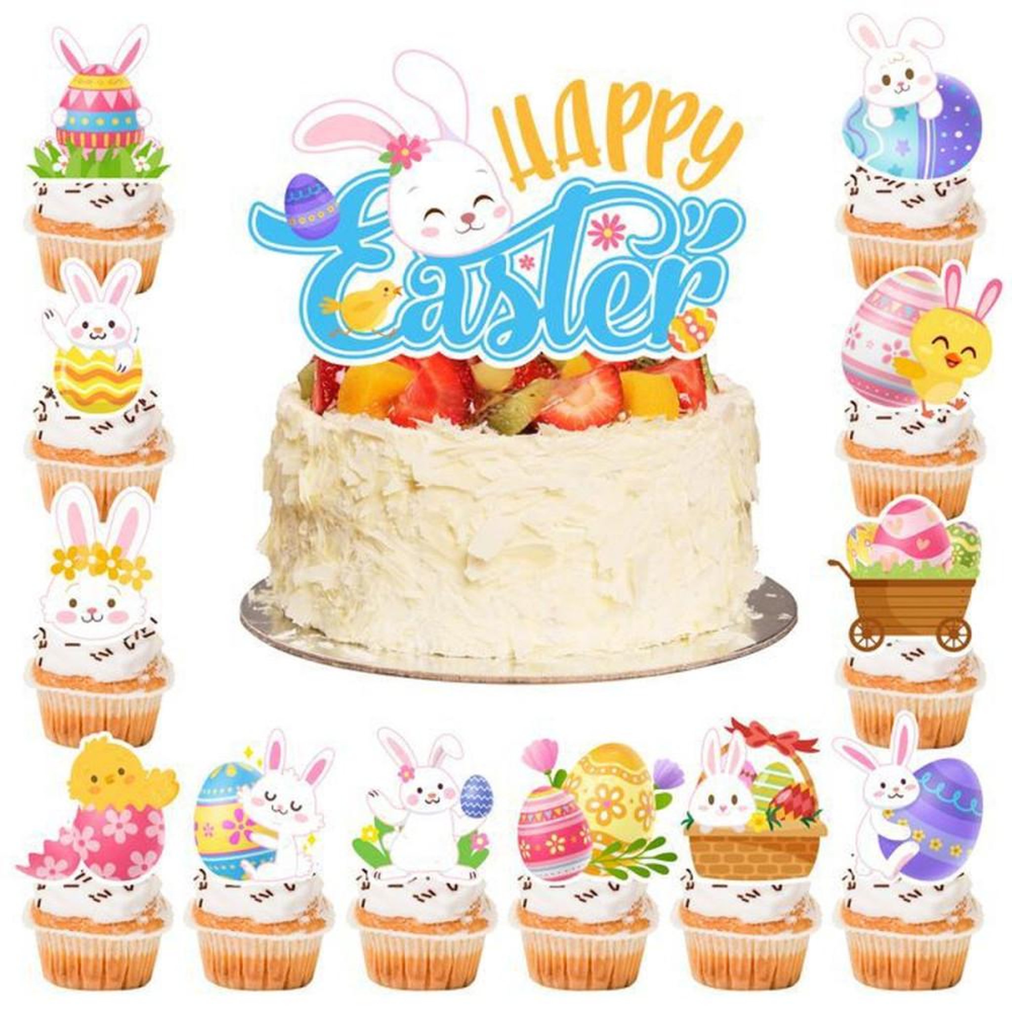 Décorations pour gâteau et cupcakes Joyeuses Pâques multicolores 25 pièces