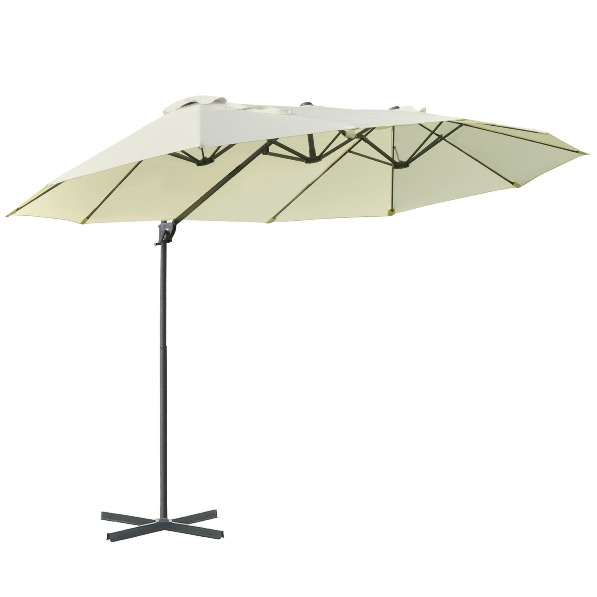 Voir la diapositive 1 : OUTSUNNY Parasol déporté grande taille XXL inclinable dim. 4,4L x 2,7l x 2,5H m piètement en acier inclus polyester crème