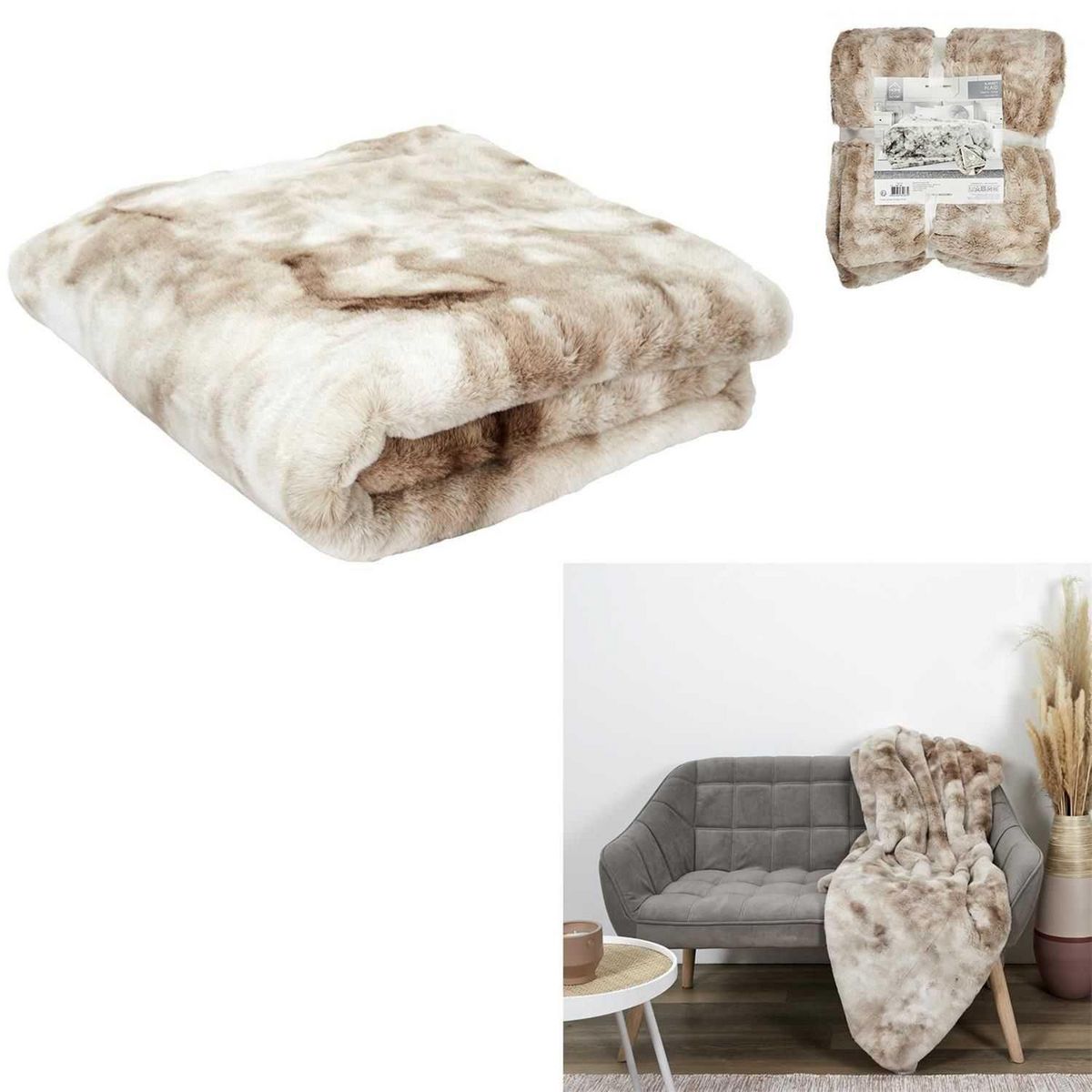 TOILINUX Plaid imitation fourrure Opulence - 200x140cm - marron et beige