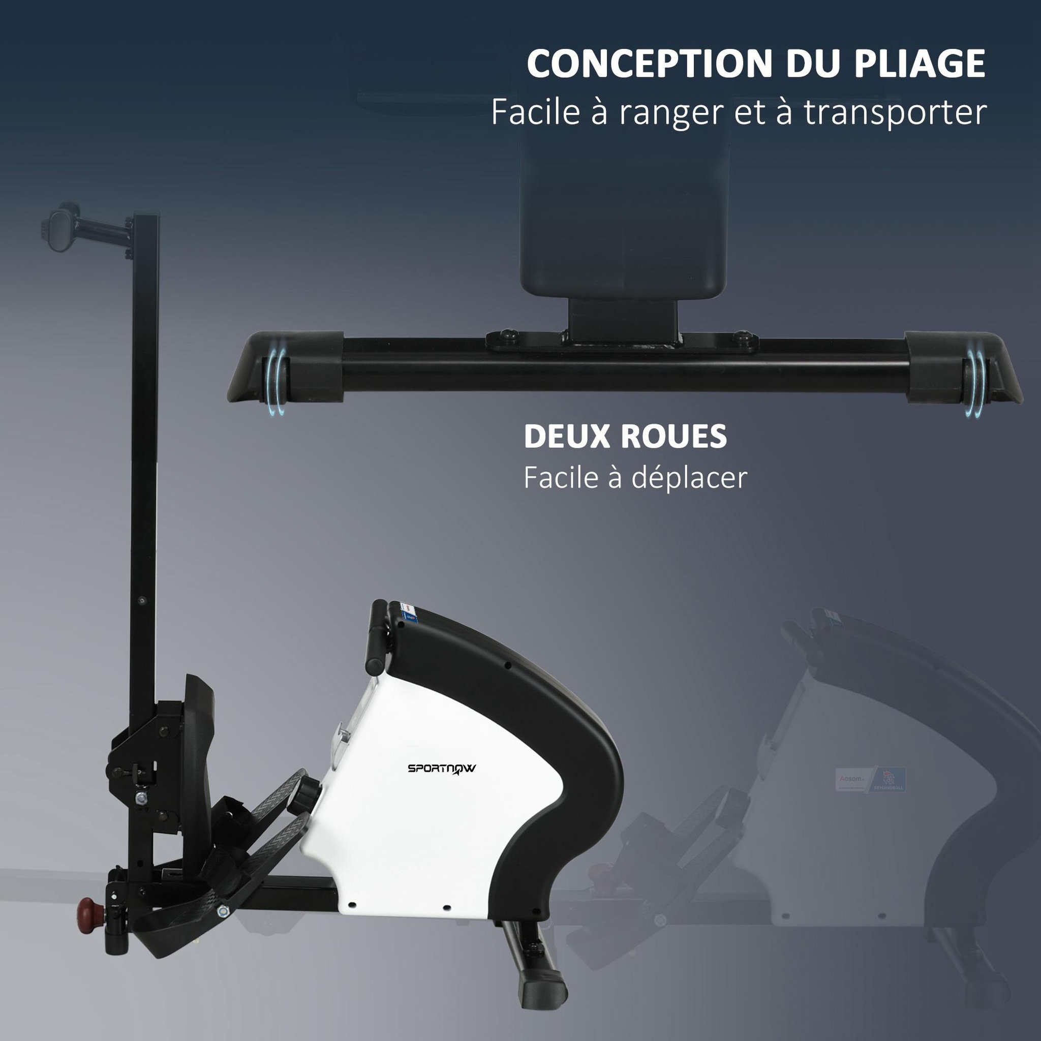 Voir la diapositive 4 : HOMCOM Rameur d'appartement magnétique pliable - aosom.fr x ffhandball - 8 niv. Résistance - écran lcd multifonction - noir blanc