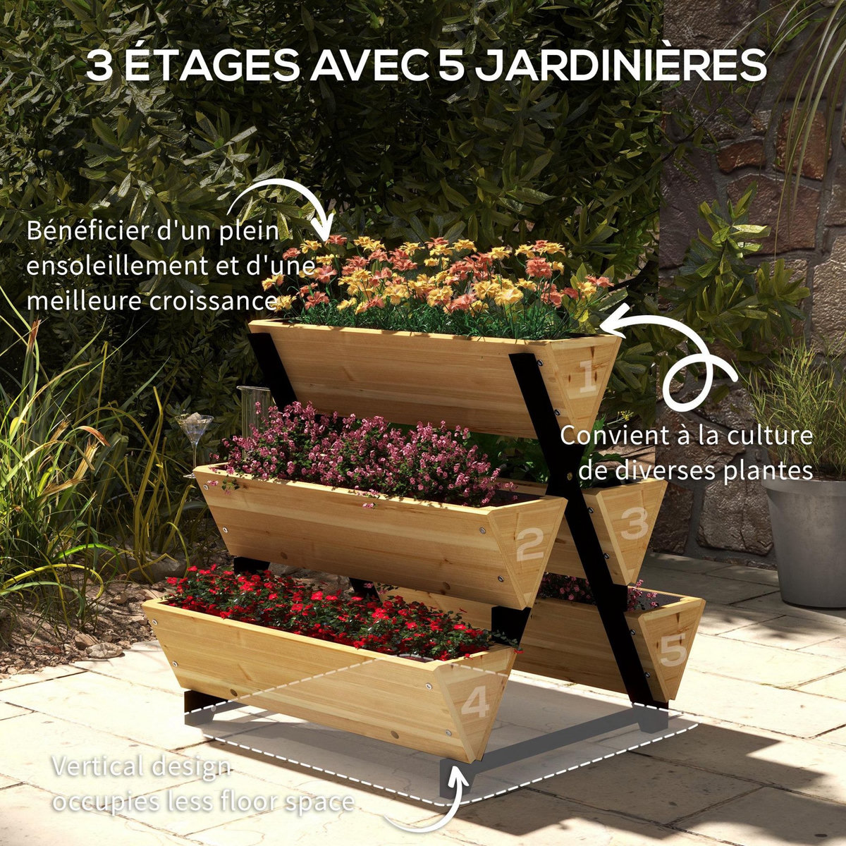 OUTSUNNY Jardinière escalier 5 bacs design - dim. 75L x 78lx 77H cm - acier noir bois sapin pré-huilé