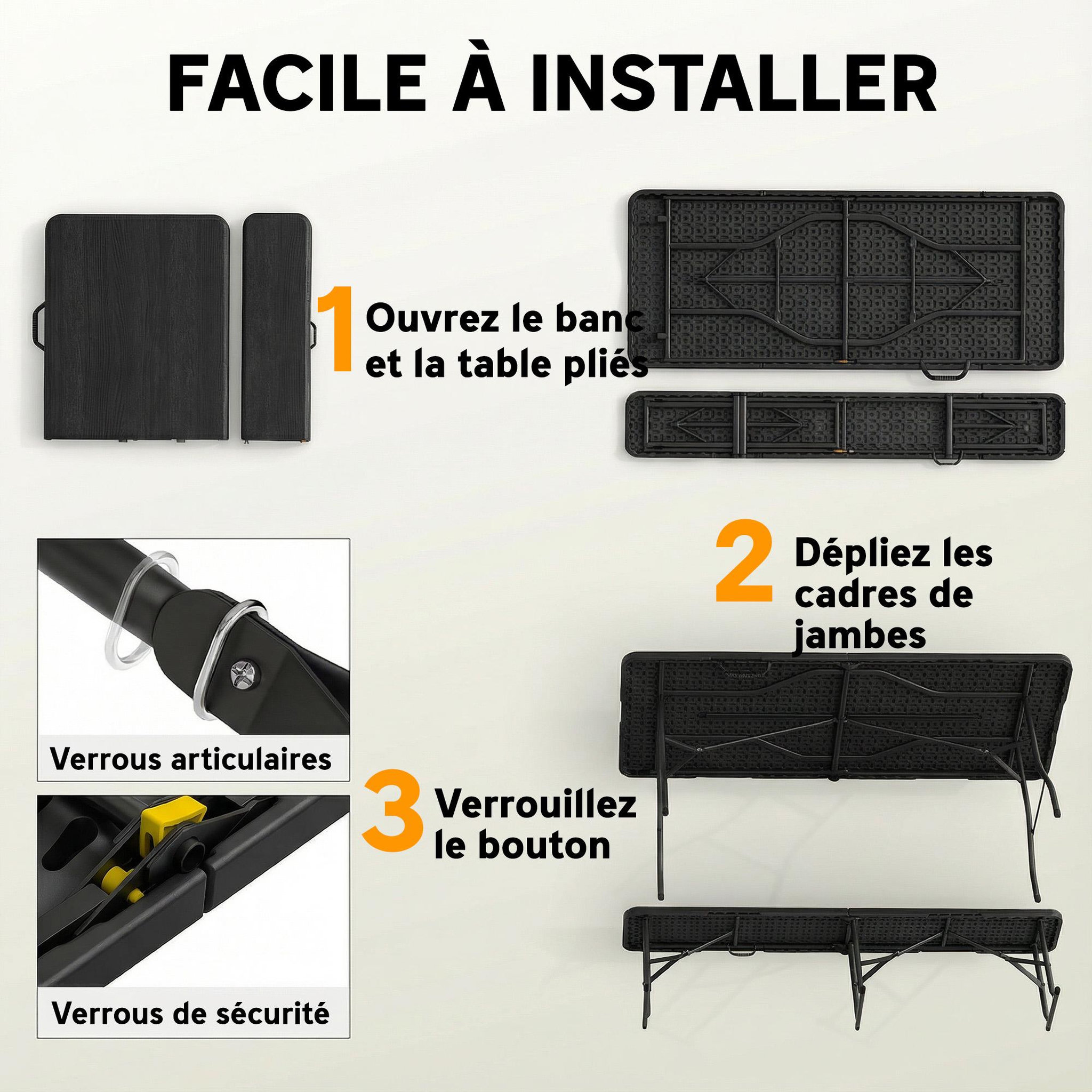 Voir la diapositive 5 : OUTSUNNY Ensemble table 2 bancs pliables avec poignées - usage pique-nique camping - métal époxy hdpe noir